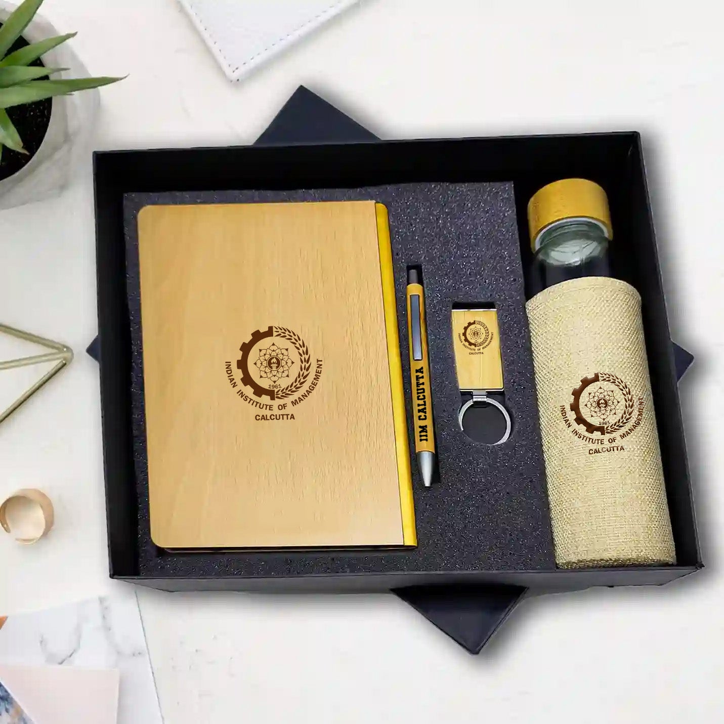 Elegant IIMC Logo 4 in 1 Combo Gift Sets Wooden Pen, Diary, Keychain and Bottle 