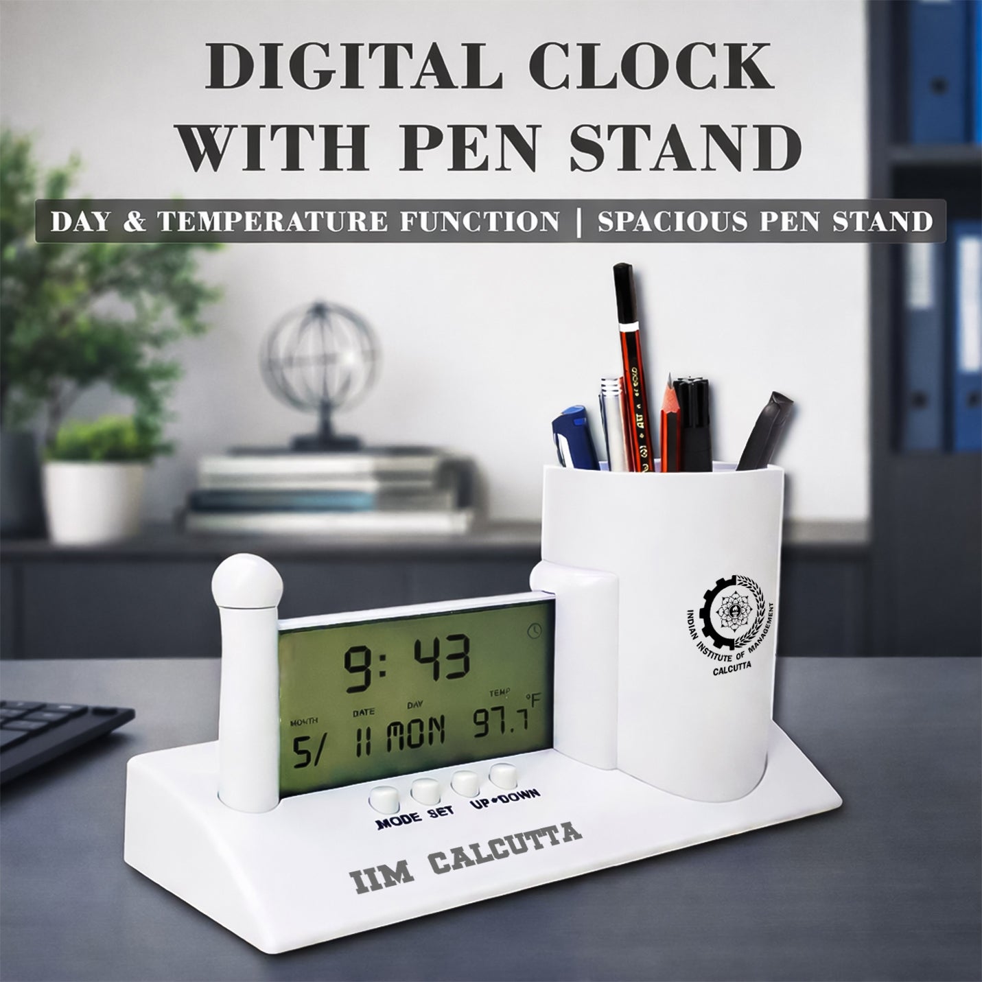 Personalised Executive Desk Digital Clock with Pen Holder