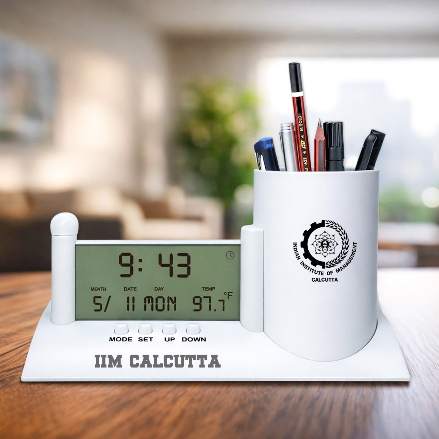 Personalised Executive Desk Digital Clock with Pen Holder