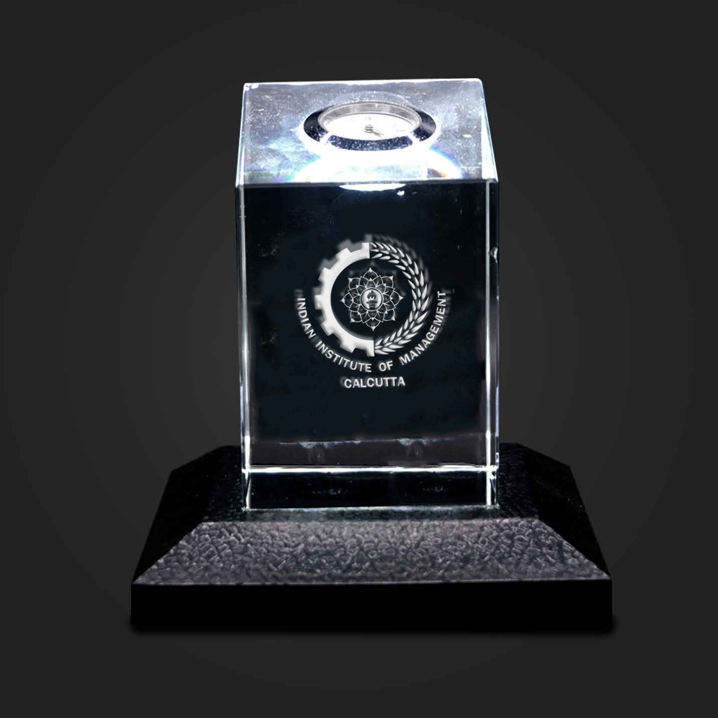 IIMC 3D Crystal Memento with Clock & Logo