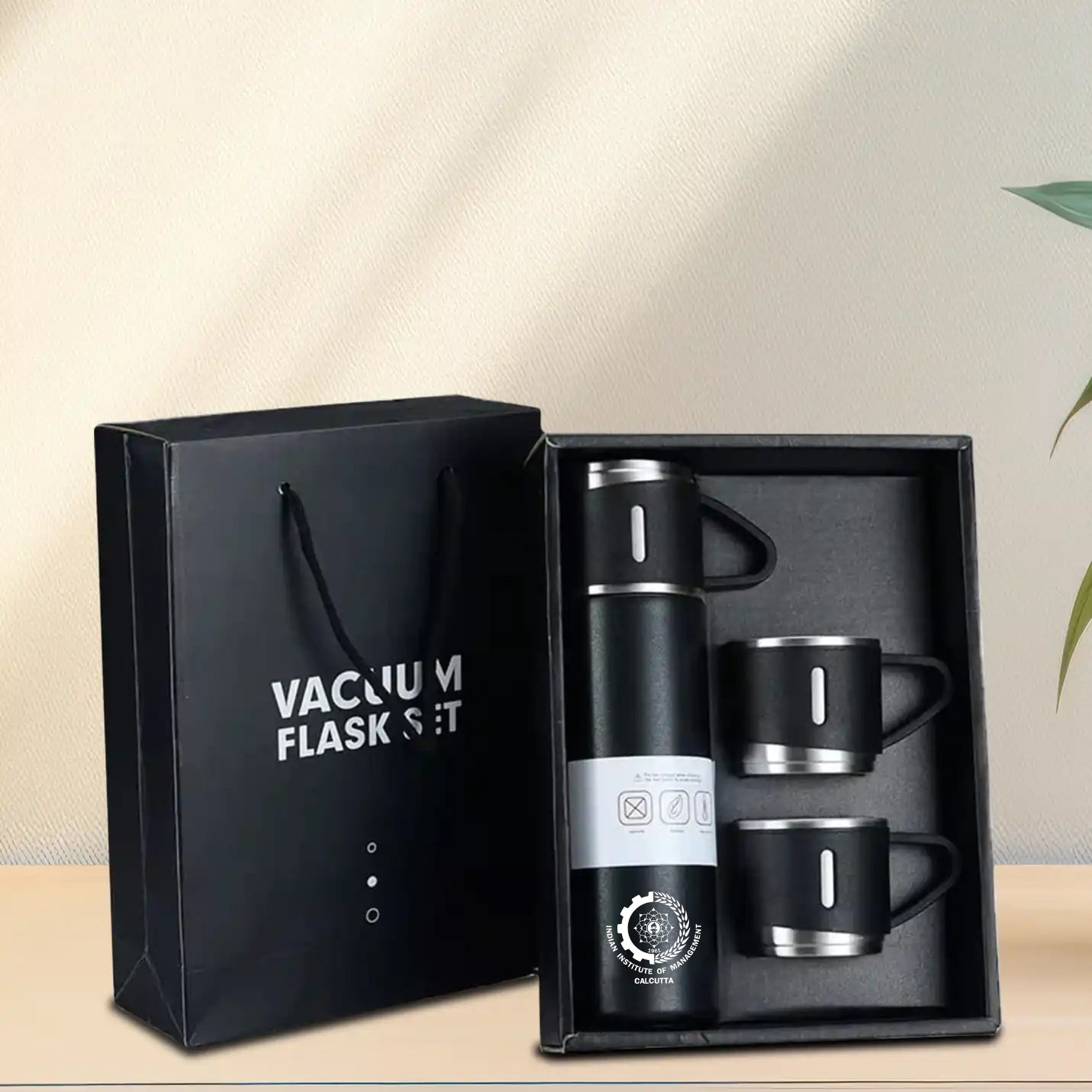 IIMC Vacuum Flask Set with 3 Elegant Black Cups 