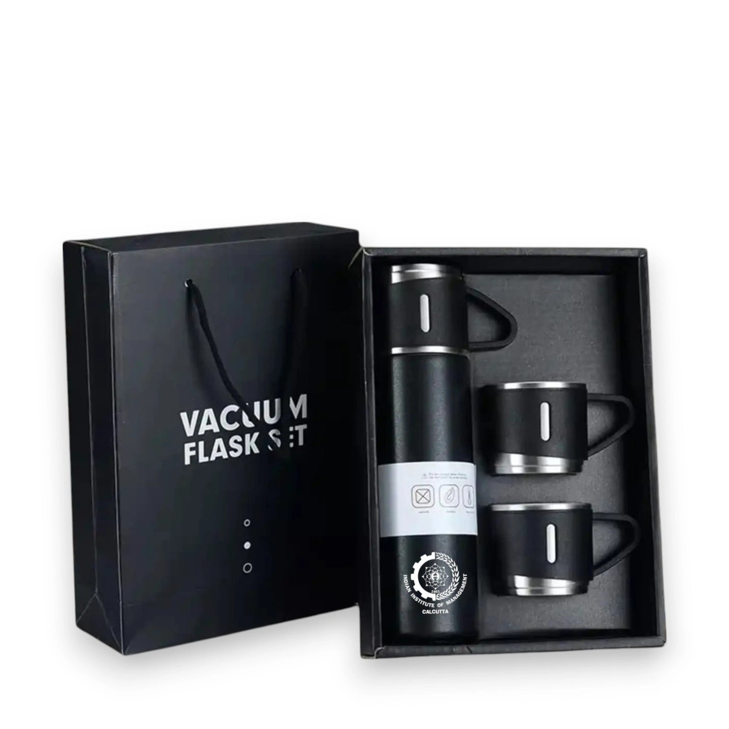 IIMC Vacuum Flask Set with 3 Elegant Black Cups 