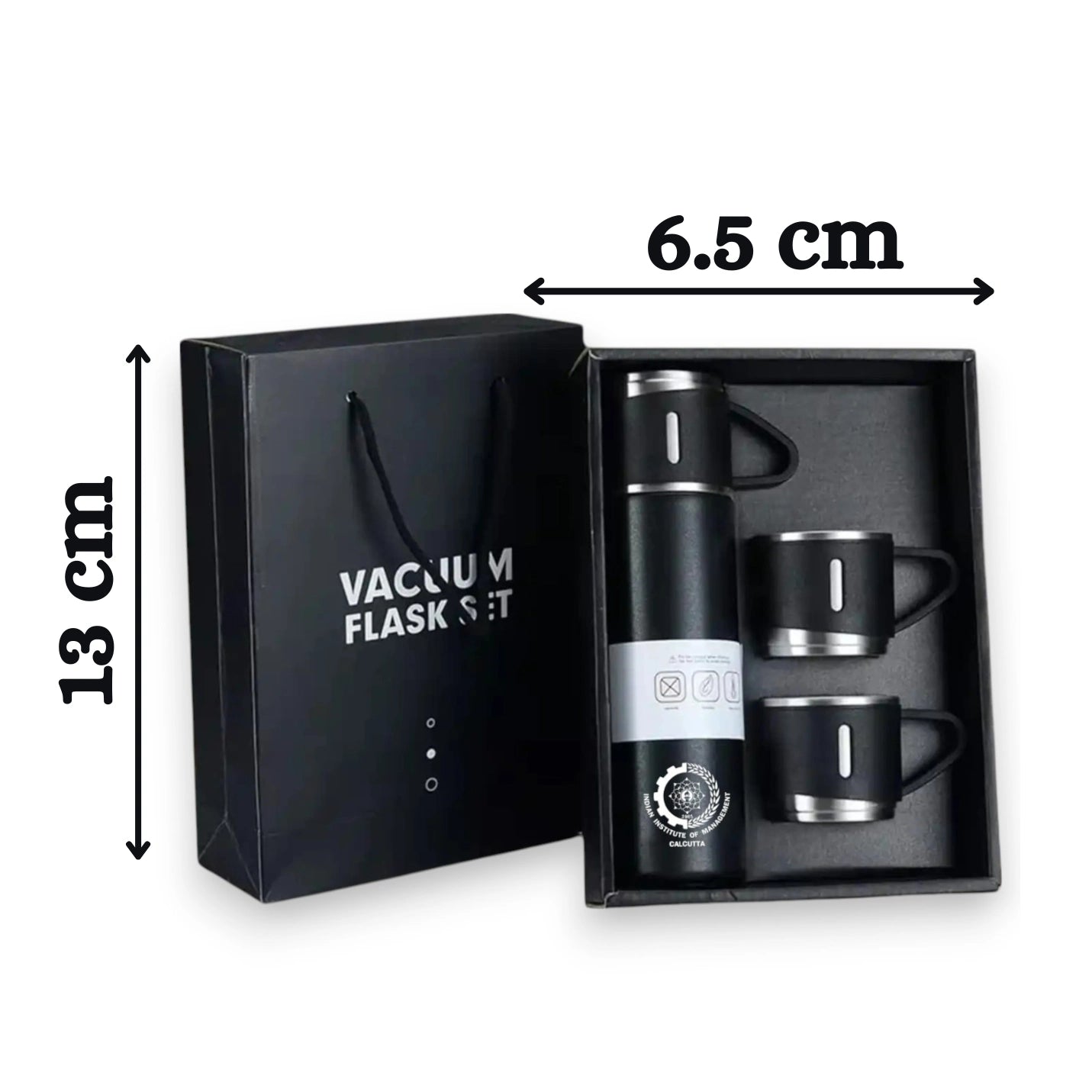 IIMC Vacuum Flask Set with 3 Elegant Black Cups 
