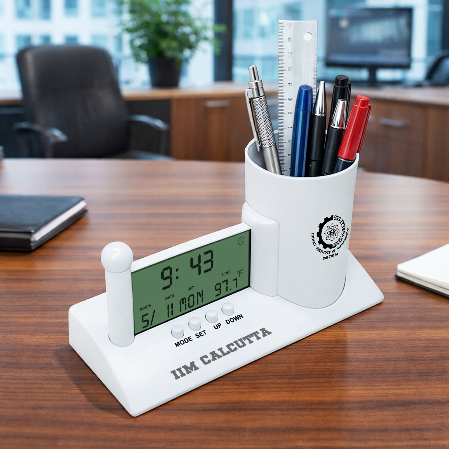 Personalised Executive Desk Digital Clock with Pen Holder