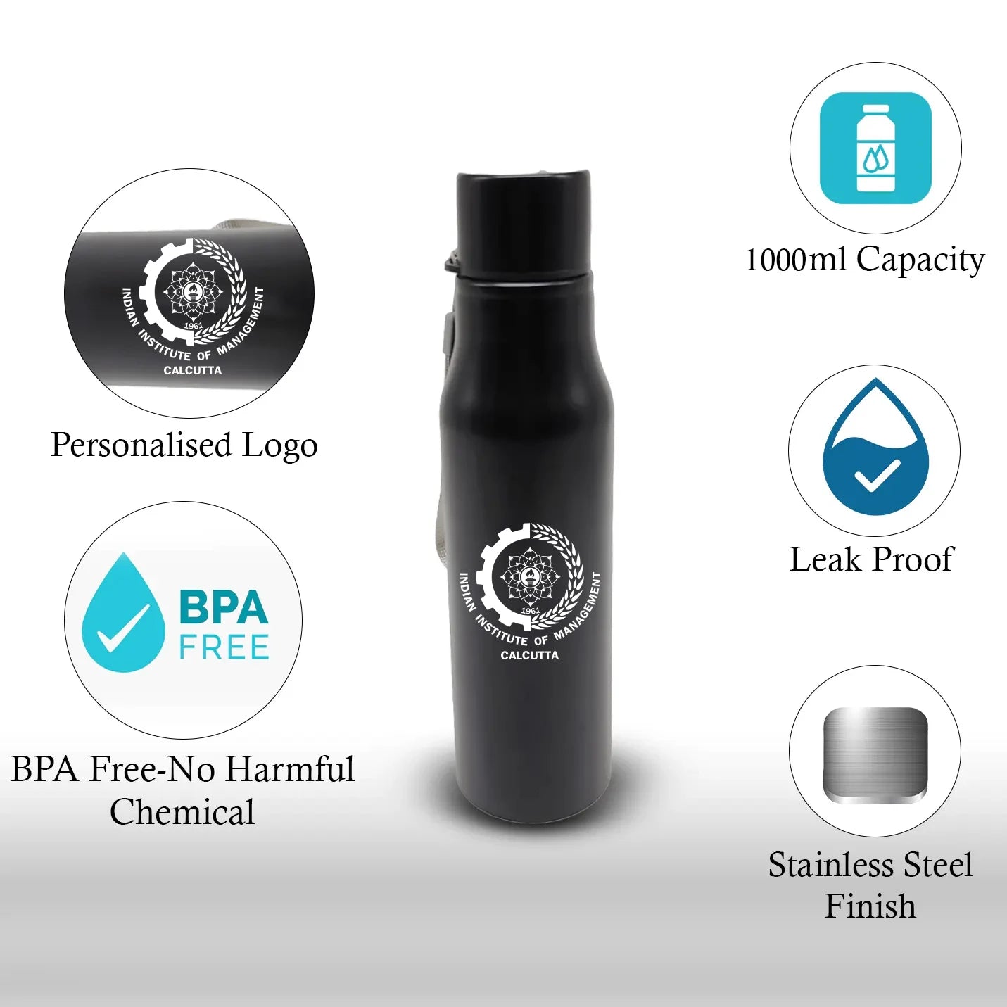 Spill proof Black IIMC Logo Stainless Steel Water Bottle