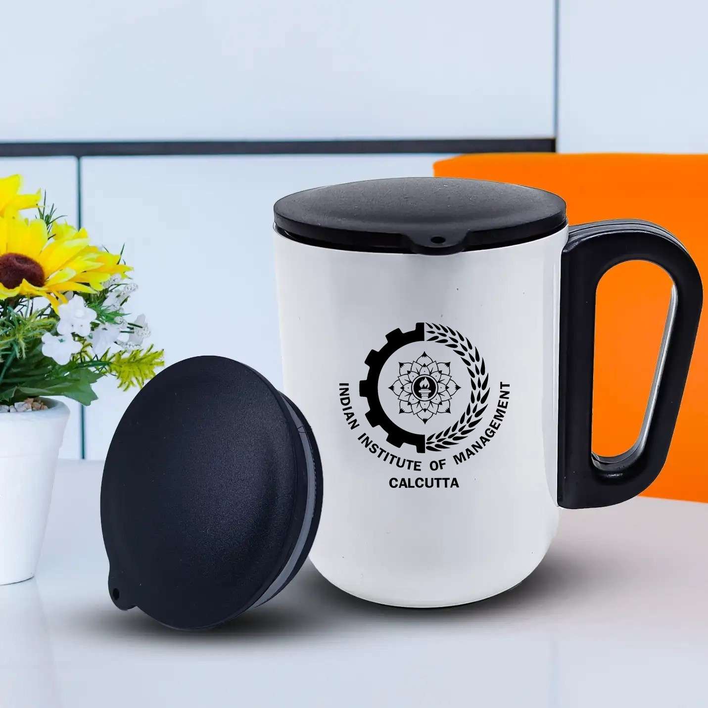Minimalist IIMC Logo White Coffee Mug With Lid