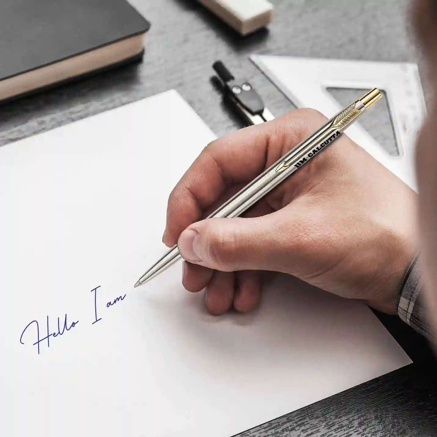 Classic IIMC Logo Stainless Steel Engraved Ball Pen with Gold Plated Clip
