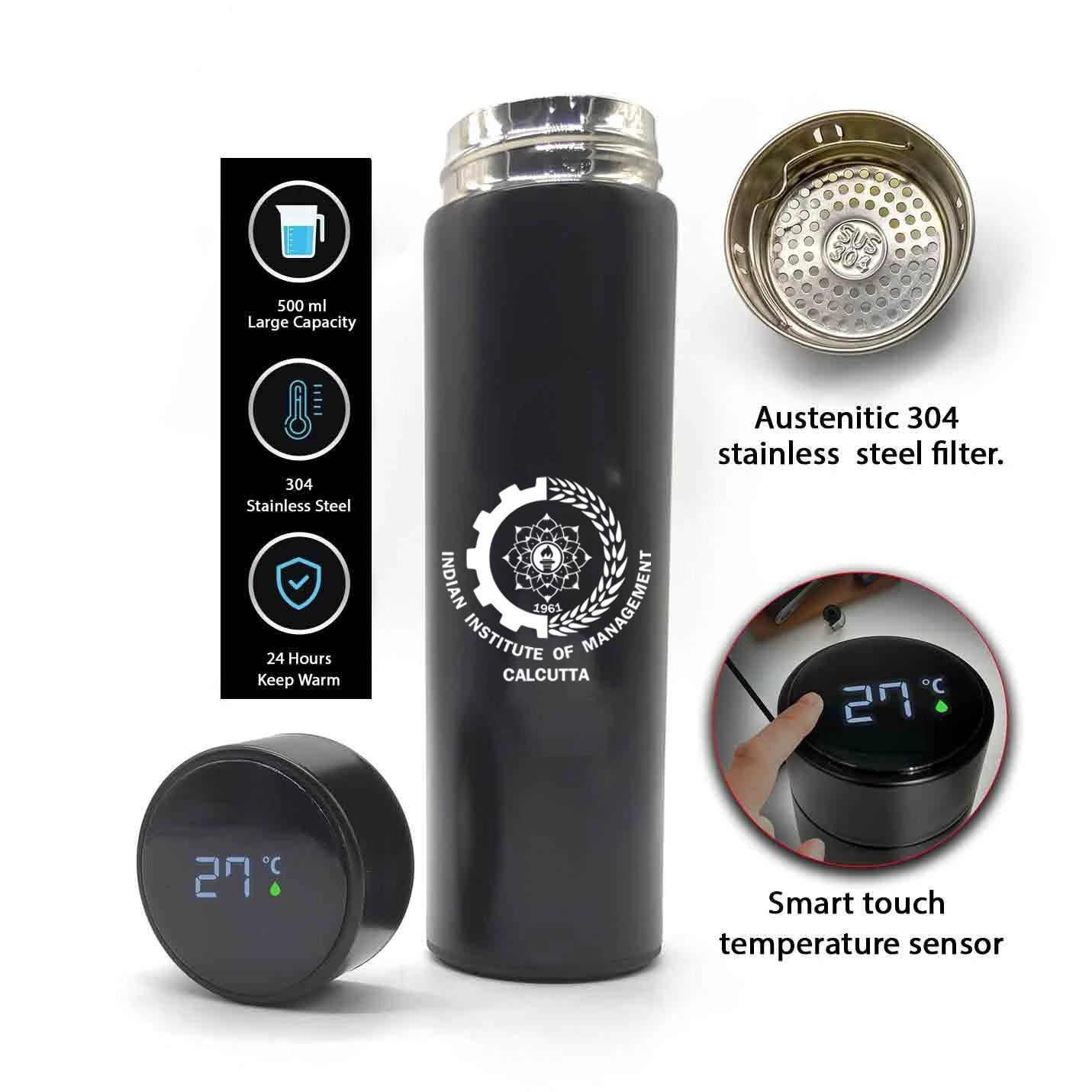 Leakproof IIMC Logo Black Bottle With Temperature Display on Lid 